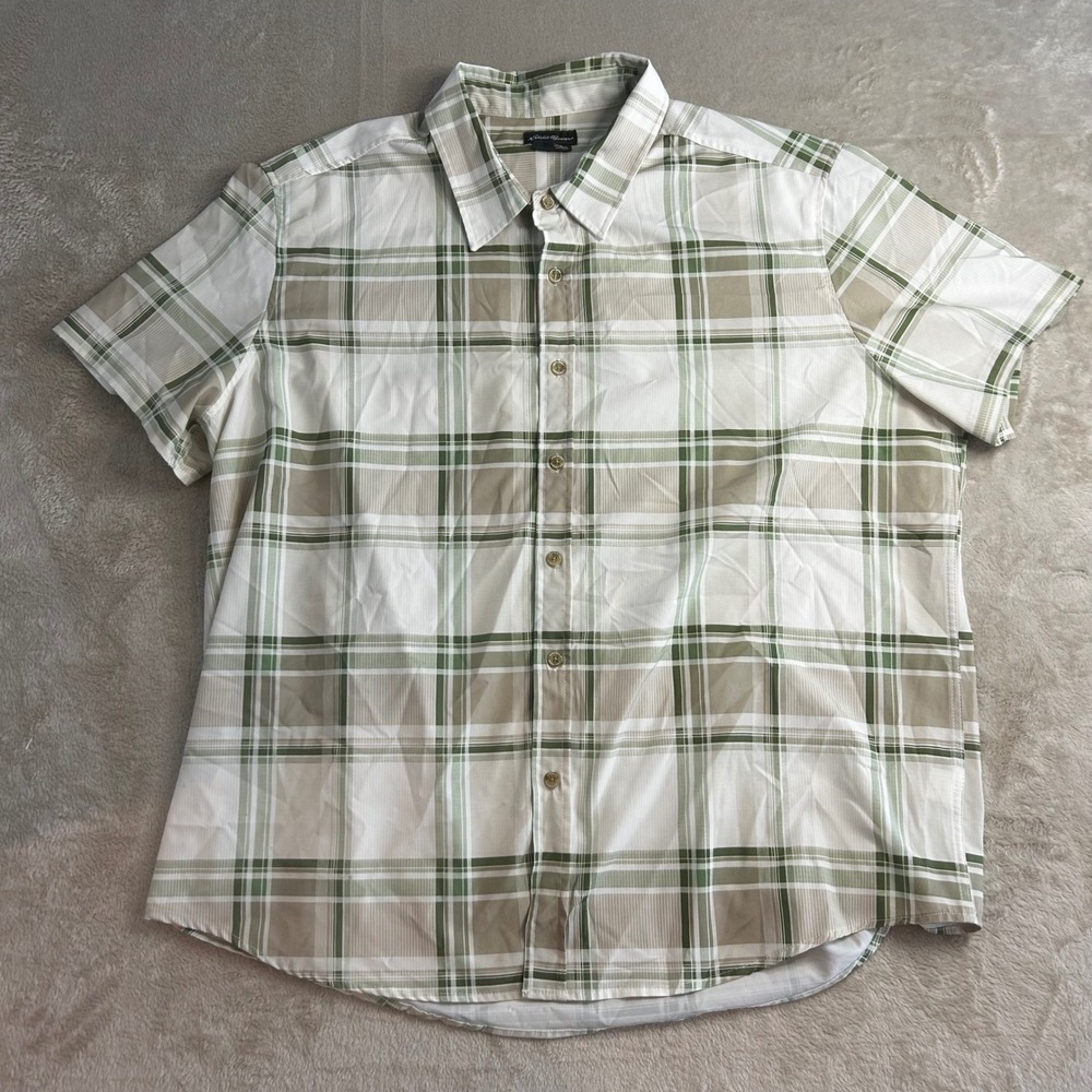 Eddie Bauer Men's 2XL Shirt Short Sleeve Button Down Plaid Green Khaki Sage - Picture 2 of 8